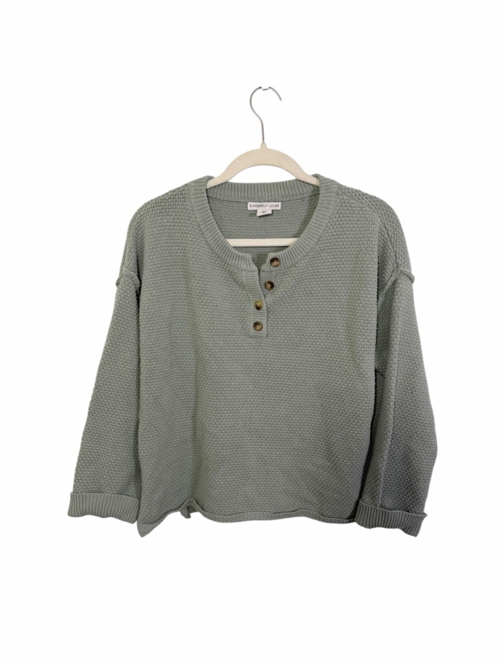 Sincerely Jules Waffle Knit Sweater Small Sage Green Henley Button Casual